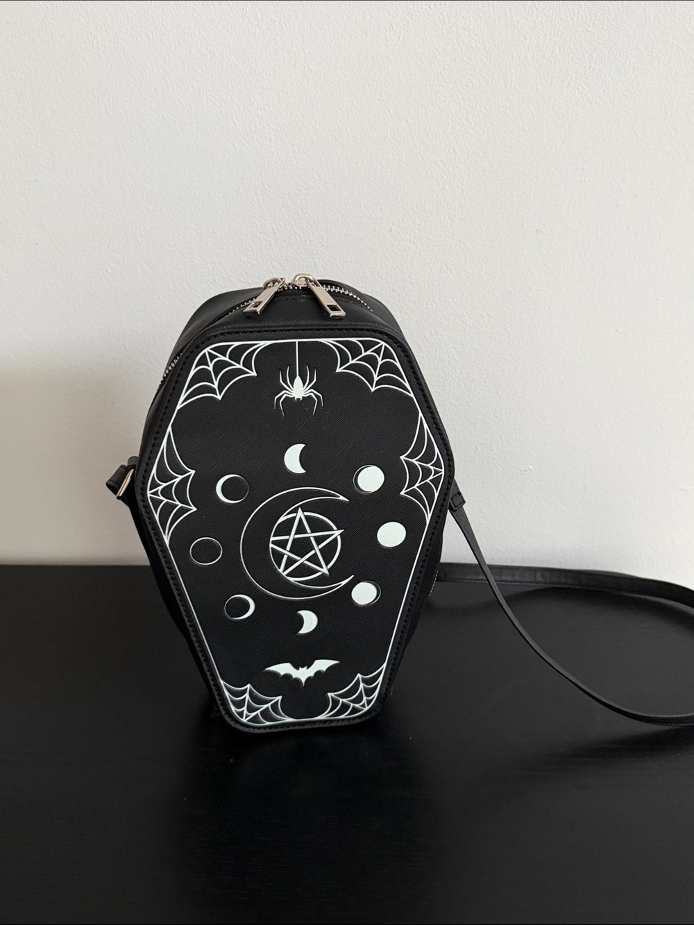 MAD Engine Black Coffin Crossbody Bag with White Moon & Pentagram Accents